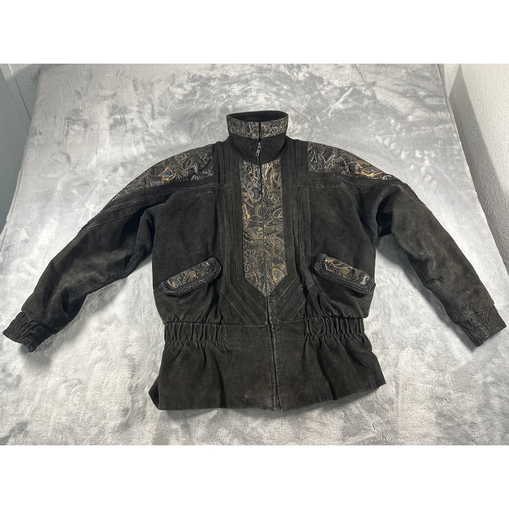 Vintage Adler Black Suede Leather Paisley Brocade Western Bomber Jacket Medium